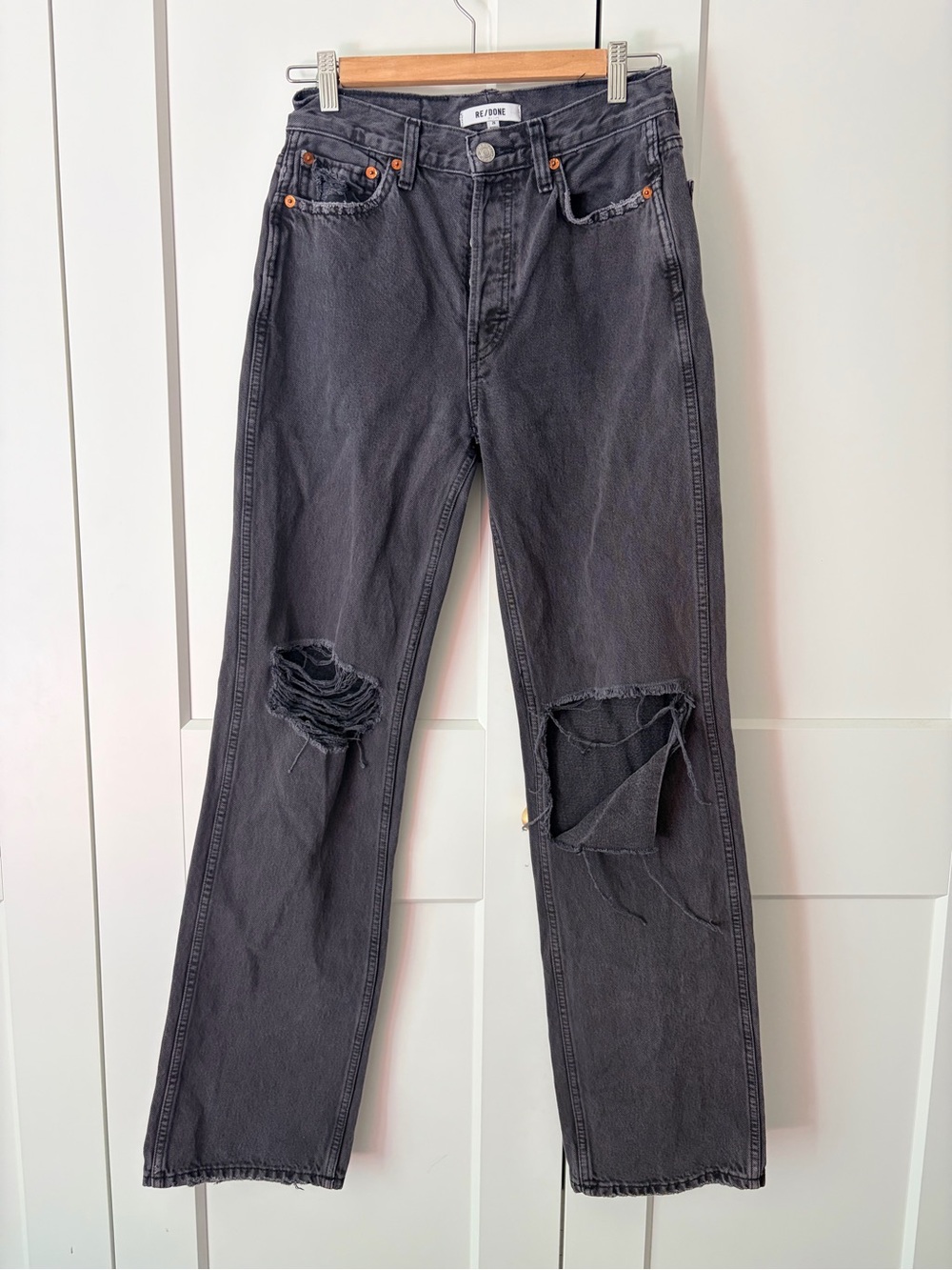 Re/Done Washed Black Straight-Leg Distressed Jeans | 26
